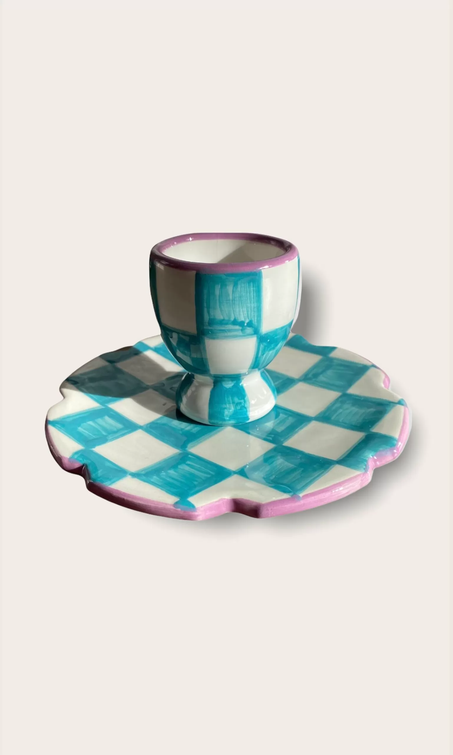 Plümo Blue Check Egg Cup + Small Plate^Women Ceramics