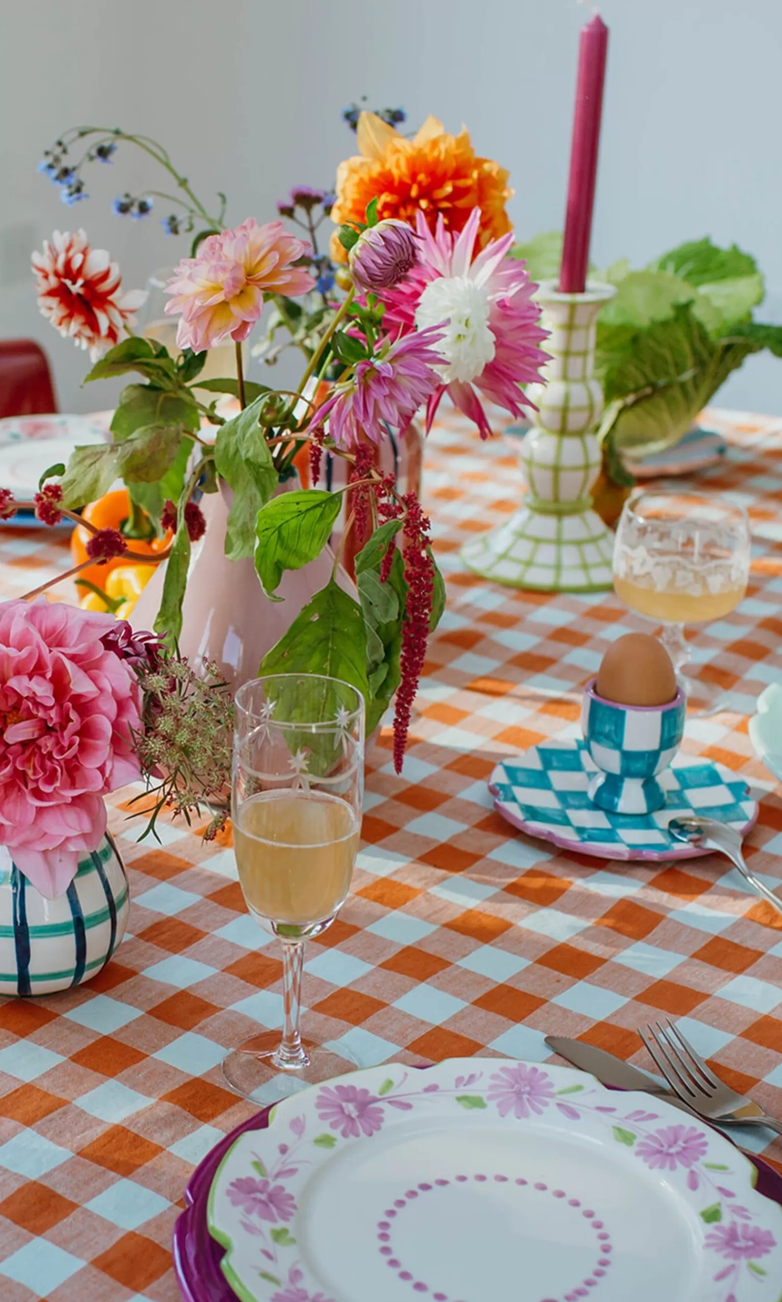 Plümo Blue Check Egg Cup + Small Plate^Women Ceramics